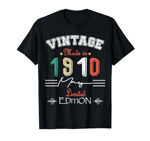 Comprar Nacido En Mayo 1910 Vintage Ideas para regalar Feliz Cumpleaños 114 años Camiseta Ofertas 2024 | regaloscumple.com