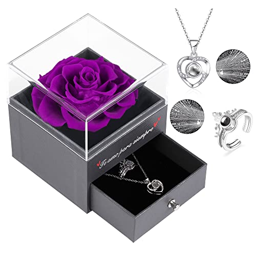 Consigue ahora Te Amo para Siempre Regalo Original Mujer Rosa Preservada Real con Anillo y Collar Corazón con Te Amo en 100 Idiomas Rosa Eterna para el Día BlackFriday San Valentín Aniversario Cumpleaños (Púrpura) Rebajas 2024 | regaloscumple.com