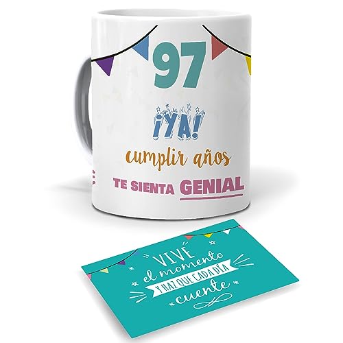 Comprar Mundohuevo Taza: 97 ¡YA! cumplir años te sienta genial y tarjeta con mensaje escribe una dedicatoria por detrás si lo deseas. Cerámica AAA - 350 Catálogo ml. Haz un regalo único Regala Alegría Ofertas 2024 | regaloscumple.com
