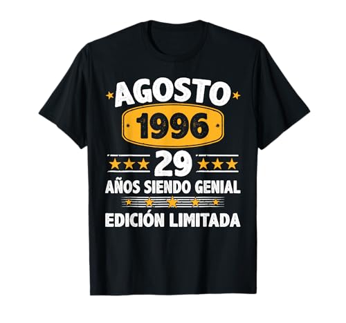 Consigue ahora Agosto 1996 29 Navidad Años Hombre Cumpleaños Regalo Agosto 1996 Camiseta Top Precio 2025 | regaloscumple.com