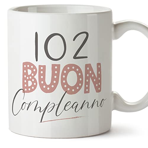 Consigue ahora MUGFFINS Tazas 102 Cumpleaños - En Italiano - Catálogo Buon compleanno! Rosa - 11 oz / 330 ml - Regalo original y divertido Ofertas 2025 | regaloscumple.com