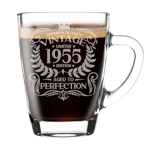 Consigue ahora Regalo cumpleaños número 69 para hombres estilo vintage 1955 envejecido a la perfección taza vidrio grabada regalo para amantes del café Regalos taza té regalo para niños 69 años taza Top Precio 2025 | regaloscumple.com