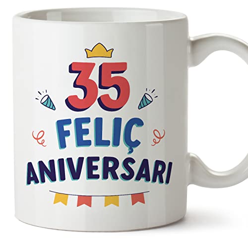 Comprar MUGFFINS Tazas 35 Cumpleaños - En Catalán - Feliç Aniversari! - 11 oz / BlackFriday 330 ml - Regalo original y divertido Ofertas 2025 | regaloscumple.com