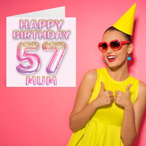 Comprar en Amazon Cumpleaños 57 globos rosa morada, feliz madre e 145 x mm, felicitación regalo