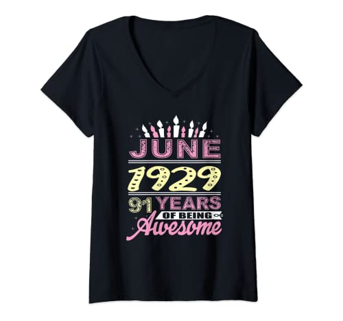 Comprar Mujer Junio 1929 91 años edad 91 cumpleaños fiesta regalo vela Regalos Camiseta Cuello V Top Precio 2025 | regaloscumple.com