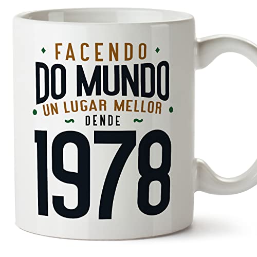 Comprar MUGFFINS Tazas 1978 Cumpleaños - En Gallego - Facendo do Mundo un Lugar BlackFriday Mellor - 11 oz / 330 ml - Regalo original y divertido Rebajas 2024 | regaloscumple.com