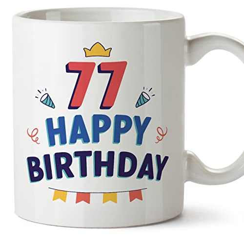 Consigue ahora MUGFFINS Tazas 77 Cumpleaños - En Ideas para regalar Inglés - Happy Birthday! - 11 oz / 330 ml - Regalo original y divertido Ofertas 2025 | regaloscumple.com