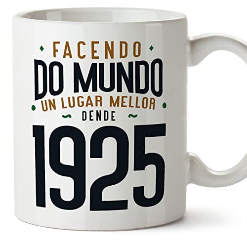 Consigue ahora MUGFFINS Tazas 1925 Cumpleaños - En Gallego - Facendo do Mundo un Lugar Catálogo Mellor - 11 oz / 330 ml - Regalo original y divertido Ofertas 2024 | regaloscumple.com