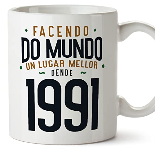 Consigue ahora MUGFFINS Tazas 1991 Cumpleaños - En Gallego - Facendo do Mundo un Lugar Navidad Mellor - 11 oz / 330 ml - Regalo original y divertido Top Precio 2025 | regaloscumple.com