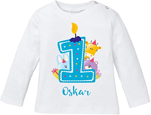 Comprar EZYshirt® Regalo cumpleaños para bebé diseño animales adorables para celebrar el primer cumpleaños Navidad camiseta | Jersey puro algodón 100% orgánico Blanco | Camiseta manga larga para bebé Ofertas 2025 | regaloscumple.com