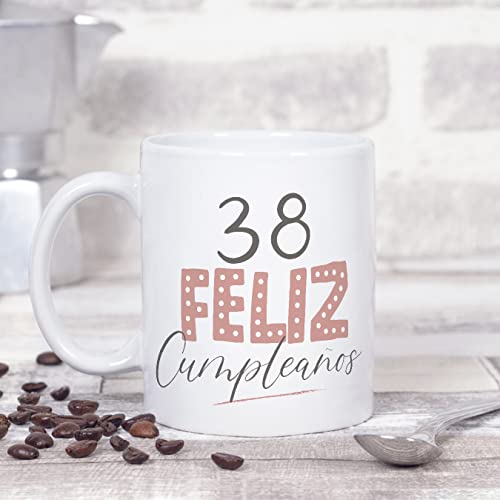 Comprar en Amazon MUGFFINS Tazas 38 Cumpleaños - En Español ¡Feliz Cumpleaños! Rosa 11 oz / 330 ml Regalo original y divertido