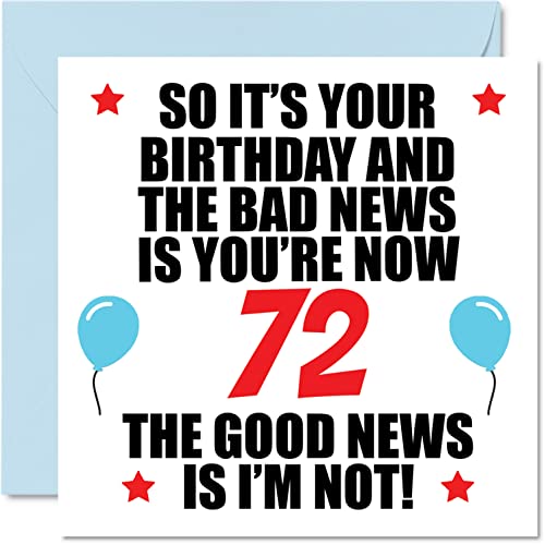 Consigue ahora Divertida tarjeta cumpleaños 72 para hombres y mujeres – Bad News – Tarjetas felicitación cumpleaños para papá 72 años mamá tía tío Nan Grandad 145 mm x Cumpleaños 145 mm tarjetas felicitación setenta y dos setenta y segundos cumpleaños Rebajas 2025 | regaloscumple.com