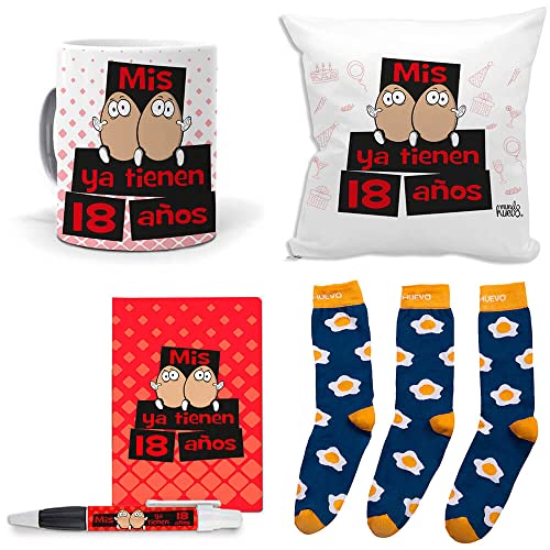 Consigue ahora Mundohuevo Mega Regalo Personalizado para 18 cumpleaños Hombre. Mis Huevos ya Tienen 18 años. Taza cojin libreta boli y Trio Calcetines Cumpleaños Rebajas 2024 | regaloscumple.com