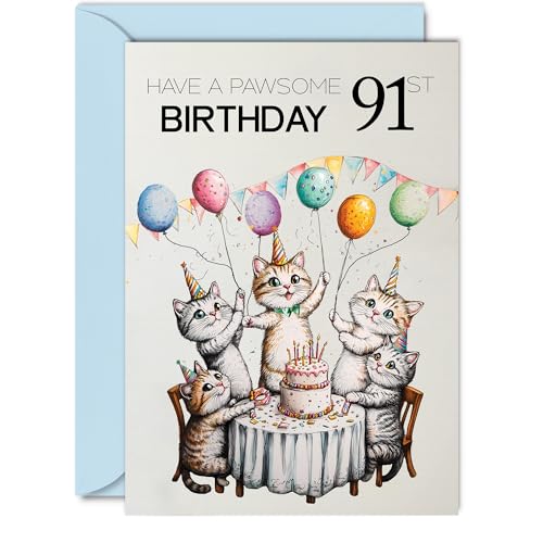 Comprar Tarjeta cumpleaños número 91 para mujeres y hombres globos Promoción fiesta con diseño gatos tarjetas feliz cumpleaños para mujer y hombre 91 años tarjetas felicitación A5 para cumpleaños Ofertas 2024 | regaloscumple.com