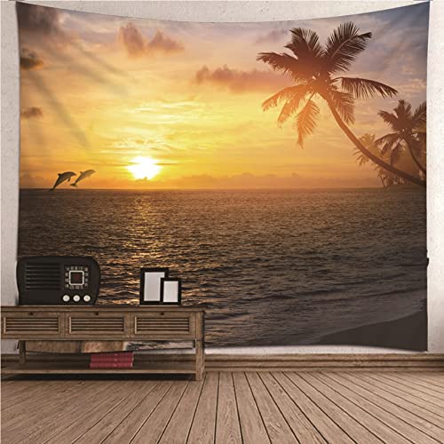 Comprar Bcughia Tapiz grande para colgar en la pared tapiz poliéster naranja atardecer Regalos delfín árbol coco 138 pulgadas ancho x 101 pulgadas alto decoración pared Top Precio 2024 | regaloscumple.com