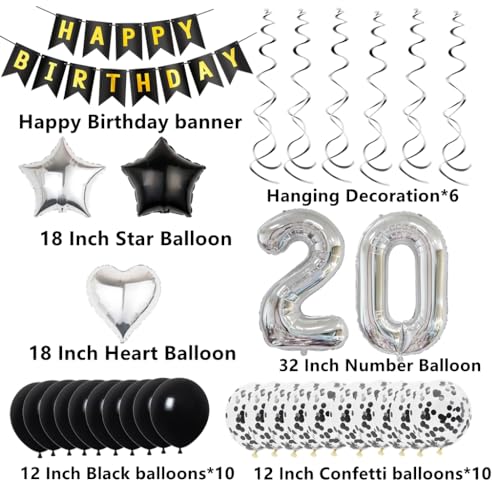 Comprar en Amazon Decoración de 20 cumpleaños, Deco cumpleaños años hombres, hombre, globos negro y plata, fiesta con globos,