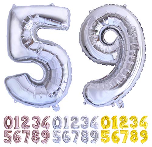 Comprar Globo numero 59 o 95 plata. Globos Gigante números 5 9 fiestas cumpleaños decoración fiesta Promoción aniversario boda tamaño grande 70 cm con accesorio para inflar aire o helio Rebajas 2025 | regaloscumple.com