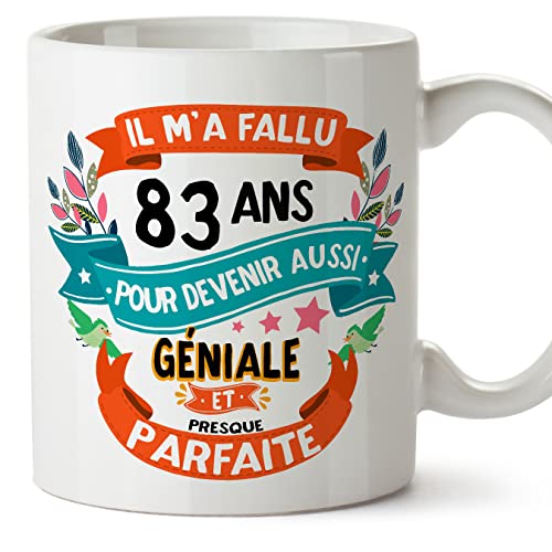 Consigue ahora MUGFFINS Tazas 83 Cumpleaños - En Francés - Il m'a fallu 83 ans pour devenir Cumpleaños aussi geniale - 11 oz - Regalo original y divertido Rebajas 2025 | regaloscumple.com
