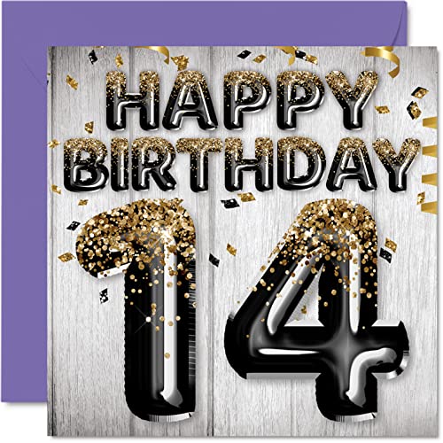 Consigue ahora Stuff4 Tarjeta cumpleaños número 14 Navidad para niños globos negros y dorados con purpurina tarjetas feliz cumpleaños para niño 14 años hijo hermano nieto primo 145 mm x 145 mm tarjetas Top Precio 2024 | regaloscumple.com