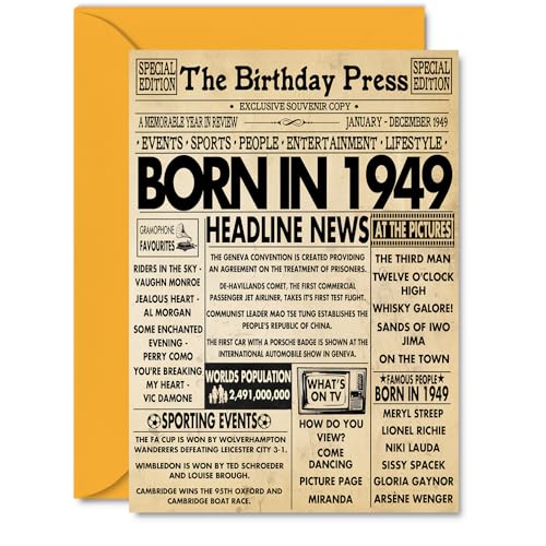 Consigue ahora Stuff4 Tarjetas 75 cumpleaños para mujeres y hombres nacidos en 1949 BlackFriday periódico tarjeta feliz cumpleaños 75 para abuela abuelo Nan vintage retro allá en 1949 A5 setenta y cinco setenta Top Precio 2024 | regaloscumple.com