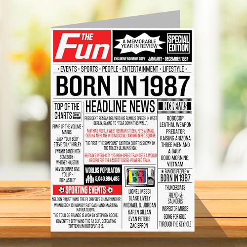 Comprar ahora Tarjetas de cumpleaños 37 para mujeres y hombres, periódico nacido en 1987, tarjeta feliz hermana, hermano, amigo, vintage, retro, Back In A5, treinta siete
