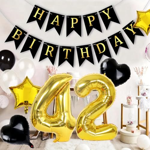Comprar en Amazon Cumpleaños Mujer Hombre, Oro Negro Decoración Tarta Cumpleaños 42 años Happy