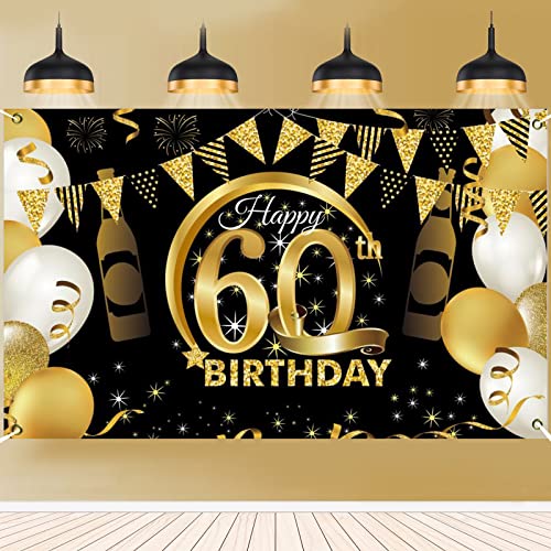 Comprar 60 Años Decoración Ideas para regalar Fiesta Cumpleaños 60 Años Fondo Cumpleaños Oro Negro 60 Años Banner Fondo Feliz Cumpleaños Póster Tela Cartel Extra Grande Rebajas 2023 | regaloscumple.com
