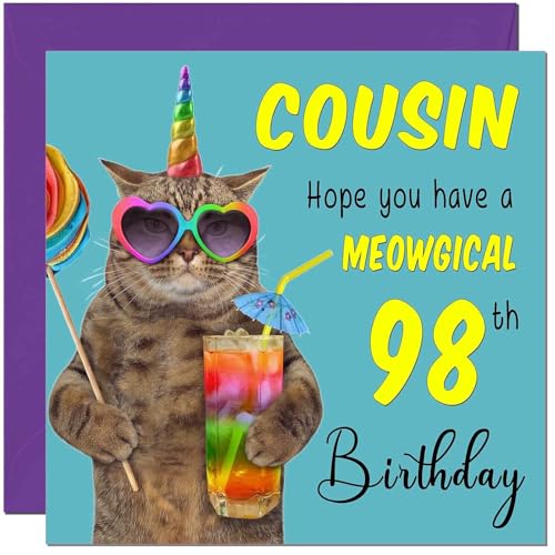 Consigue ahora Tarjeta cumpleaños 98 para primos – Tarjeta cumpleaños divertida gato Meowgical para 98 años Navidad edad noventa y ocho años Ofertas 2025 | regaloscumple.com