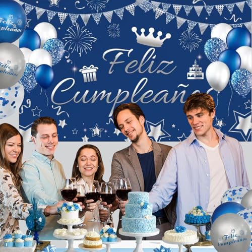 Ofertas en regaloscumple.com IM ® Pancarta Feliz Cumpleaños en Español medidas 110x180cm   Poliester + 12 globos | Decoración para fiesta   cumpleaños | Cartel Feliz cumpleaños | Photocall | (AZUL-BLANCO)