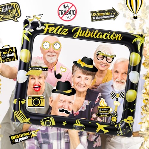 Comprar en Amazon Photocall Jubilación 28Pcs Photocall Foto Fotomaton Marco Hinchable Fiesta Oro Regalos