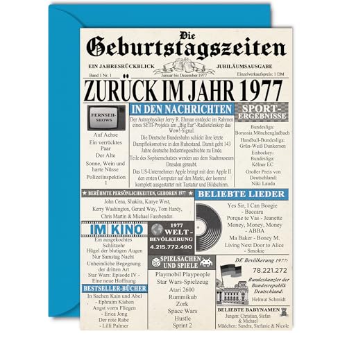 Consigue ahora Stuff4 47 Tarjetas cumpleaños para hombres y mujeres - Regreso al año 1977 Periódico - 47 Ideas para regalar Feliz Cumpleaños Aniversario Boda Tarjeta Vintage Nacido 1977 127 mm x 178 mm Tarjetas Felicitación Rebajas 2024 | regaloscumple.com