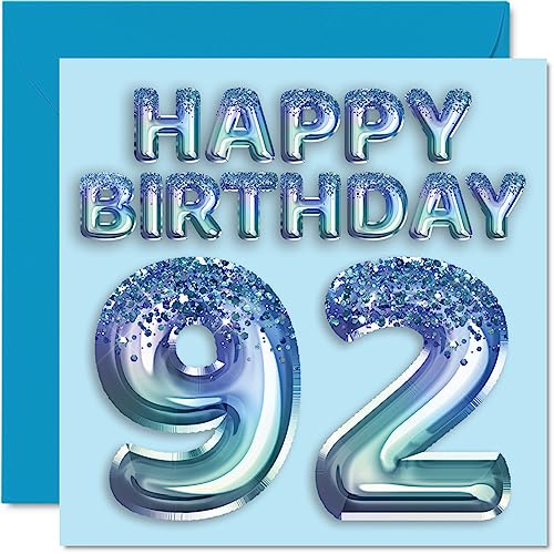 Consigue ahora Tarjeta cumpleaños número 92 para hombres globo fiesta con purpurina azul tarjetas Promoción feliz cumpleaños para hombre 92 años gran abuelo abuelo papá abuelo abuelo 145 mm x 145 mm Rebajas 2024 | regaloscumple.com