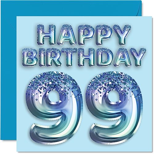 Consigue ahora Tarjeta cumpleaños 99 para hombres globo fiesta con purpurina Cumpleaños azul tarjetas feliz cumpleaños para hombre 99 años gran abuelo abuelo papá abuelo abuelo 145 mm x 145 mm tarjetas Ofertas 2025 | regaloscumple.com