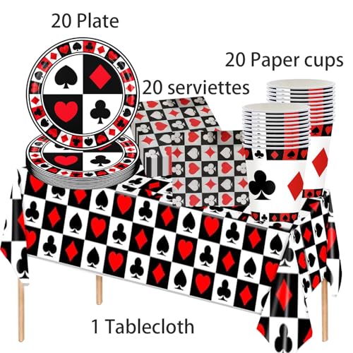 Mejores precios 67 piezas Poker Decoraciones de Cumpleaños - Platos póquer, servilletas, tazas, manteles y decoraciones colgantes para 20 invitados Casino Night Party Accesorios