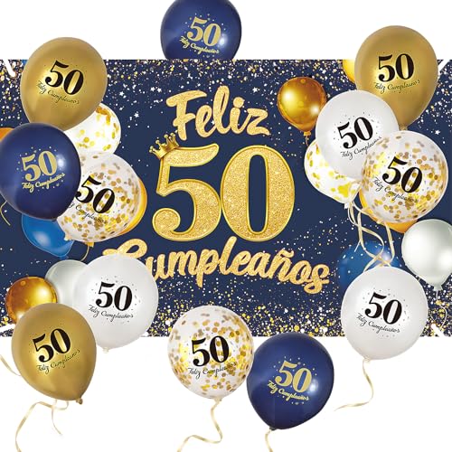 Consigue ahora 50 Cumpleaños Hombre Decoración Pancarta Grande y Globos Feliz 50 Cumpleaños Español Azul Promoción Oro Photocall 50 Cumpleaños Fiesta Cartel Ofertas 2023 | regaloscumple.com