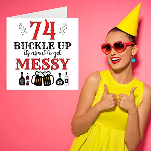 Comprar en Amazon Divertidas tarjetas de cumpleaños 74 para hombres y mujeres, con hebilla, tarjeta feliz papá, mamá, felicitación 145 mmx145 mm, broma
