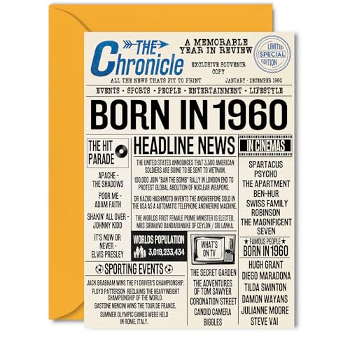Consigue ahora Tarjetas cumpleaños número 64 para mujeres y hombres – Born In 1960 Newspaper – Tarjeta feliz 64 cumpleaños para Promoción abuela abuelo abuela abuela abuela vintage retro en 1960 5 x 7 pulgadas Ofertas 2025 | regaloscumple.com