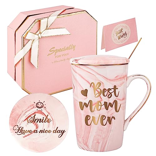 Consigue ahora DONGSHANGIFT Taza Best Mom Ever regalos cumpleaños del día la madre para mamá tazas café Cumpleaños mármol cerámica con tapa caja regalo 420ML rosa Top Precio 2025 | regaloscumple.com