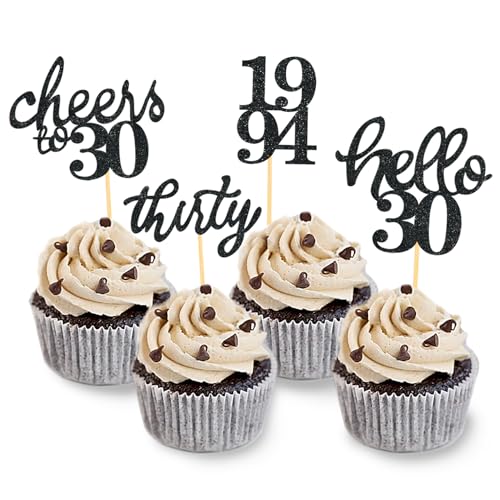 Oferta 24 brillantes cumpleaños Topper cumpleaños 30 accesorios decoración (negro)