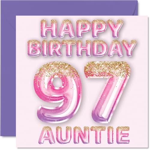 Consigue ahora Tarjeta cumpleaños número 97 para tía globos purpurina rosa Ideas para regalar y morada tarjetas feliz cumpleaños para tía 97 años sobrino y sobrina tarjetas felicitación cumpleaños 145 mm x Rebajas 2024 | regaloscumple.com