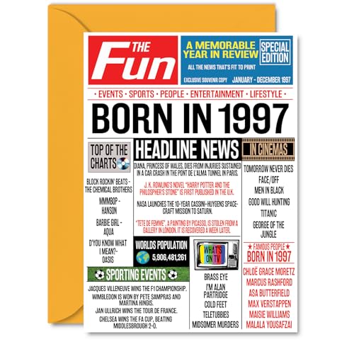 Consigue ahora Tarjetas cumpleaños número 27 para mujeres y hombres periódico nacido en 1997 tarjeta feliz 27 cumpleaños para hermana Cumpleaños hermano amigo vintage retro Back In 1997 A5 tarjetas Top Precio 2024 | regaloscumple.com