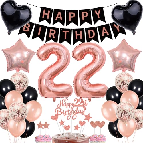Consigue ahora Decoración 22 cumpleaños para mujer oro rosa y negro juego decoración para tartas Ideas para regalar 22 cumpleaños para mujeres y hombres con pancarta decorativa regalo 22th globos 22 años decoración Ofertas 2025 | regaloscumple.com