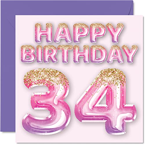 Consigue ahora Tarjeta cumpleaños número 34 para mujer globos purpurina rosa y morada tarjetas feliz cumpleaños para mujer 34 años amiga hermana madre tía Ideas para regalar 145 mm x 145 mm tarjetas felicitación Rebajas 2024 | regaloscumple.com