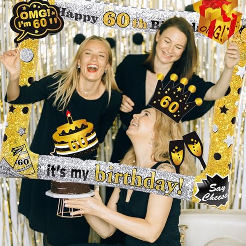Ofertas Eowppue 60th Cumpleaños Photo Booth Props, 31Piezas Photobooth Accesorios Fotocall para Cabina de Foto Props Fiesta Kit+Marco Photocall Atrezzo Decoración DIY
