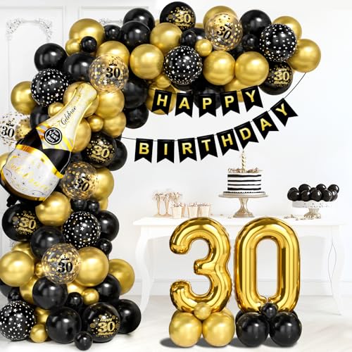 Consigue ahora Decoraciones para 30º Cumpleaños Kit Arco Globos Negros Dorados con Globos Foil Número 30 Globos Imprimidos Banner Feliz Cumpleaños para Hombres Mujeres Decoraciones Fiesta Negro Dorado 30 Catálogo Años Rebajas 2025 | regaloscumple.com