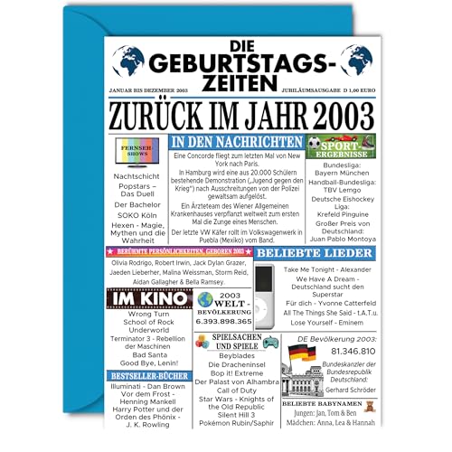 Comprar Stuff4 22 tarjetas cumpleaños para hombres y mujeres - Volver en el año 2003 Periódico - 22 Feliz Cumpleaños Aniversario Boda Tarjeta Vintage Nacido 2003 127 mm x 178 mm Tarjetas Felicitación Top Ideas para regalar Precio 2025 | regaloscumple.com