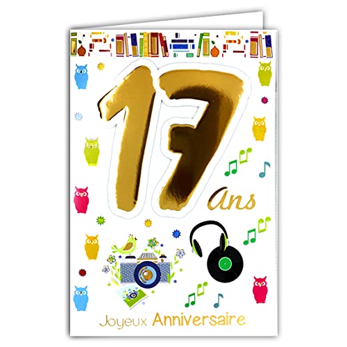 Consigue ahora Age Mv 69-2017 - Tarjeta felicitación cumpleaños 17 años niño o niña unisex diseño cascos musicales Promoción vinilo búhos libros Rebajas 2024 | regaloscumple.com
