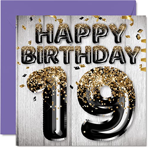 Consigue ahora Stuff4 Tarjeta cumpleaños número 19 para hombres globos negros y dorados con purpurina tarjetas feliz cumpleaños para hombre 19 años hijo hermano tío primo Navidad 145 mm x 145 mm tarjetas Rebajas 2025 | regaloscumple.com
