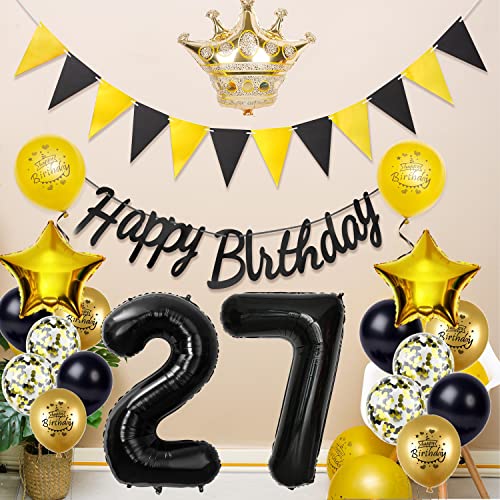 Comprar en Amazon Globo 27 cumpleaños decoración hombre mujer negro/oro,Deco de años deco,Globo Happy 27th birthday bandera deco