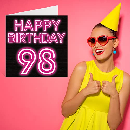 Comprar en Amazon Divertidas tarjetas de cumpleaños 98 para hombres y mujeres, brillo neón, tarjeta feliz bisabuelo, abuelo, niñera, abuela, papá, mamá, 145 mm